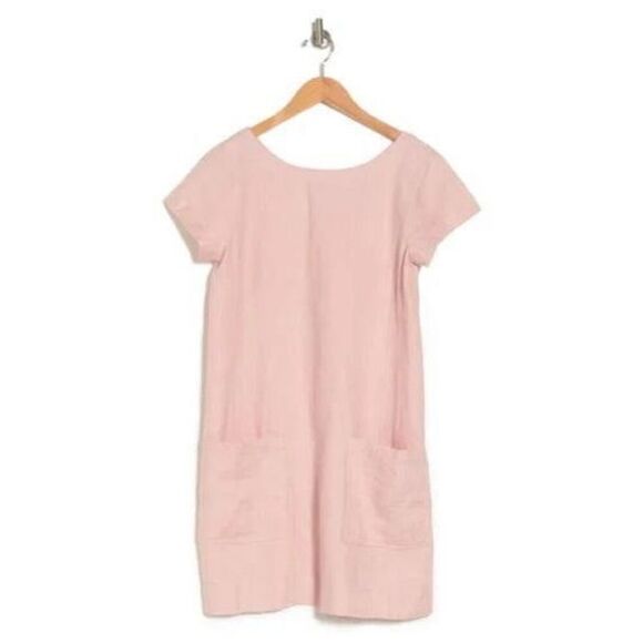 Eileen Fisher 100% Organic Linen Bateau Neck Short Sleeve Patch Pocket Shift Dre - Picture 1 of 11